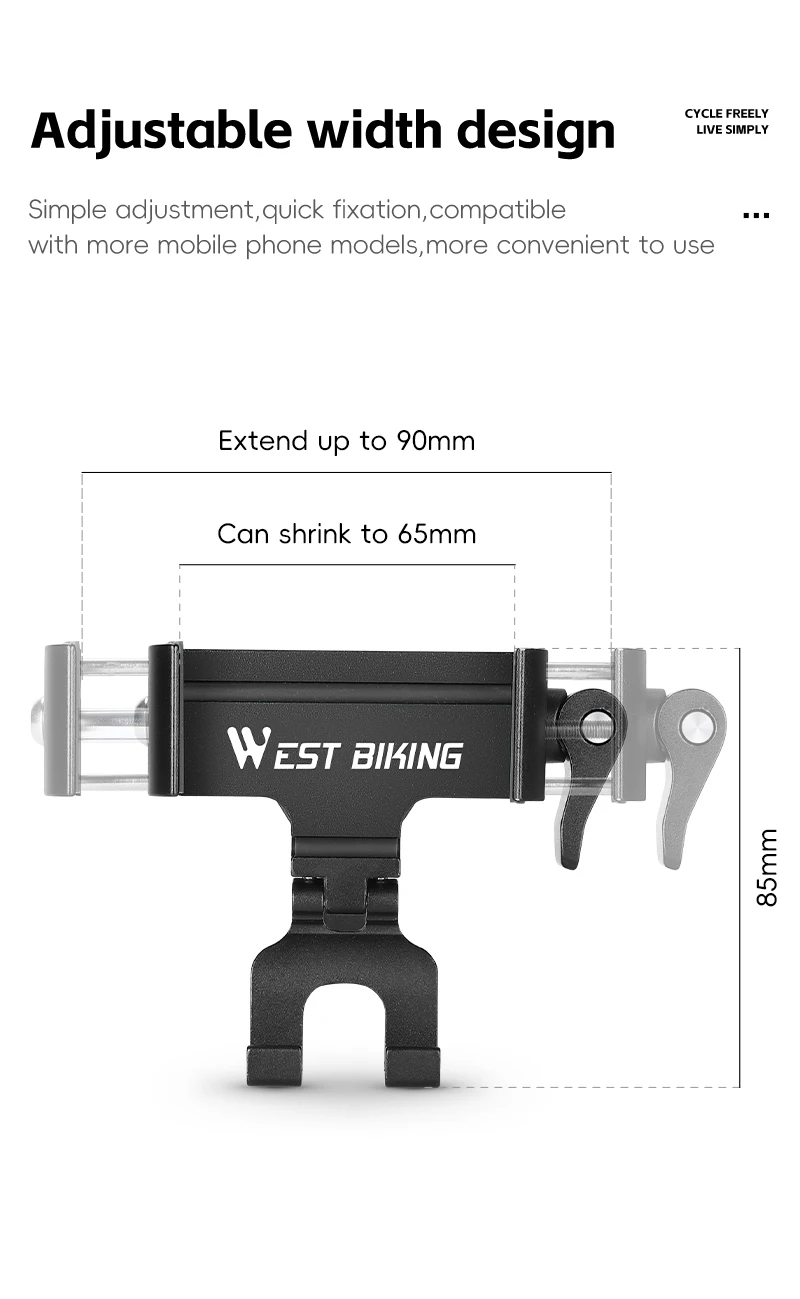 WEST BIKING 360° Rotation Bicycle Phone Holder Aluminum Handlebar Bike Phone Mount Adjustable Non-Slip For 65-90MM Phone Bracket