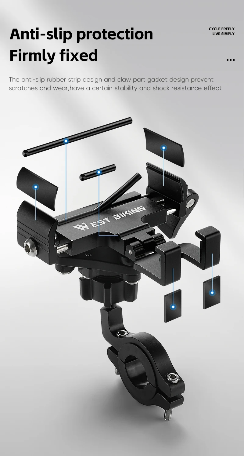 WEST BIKING 360° Rotation Bicycle Phone Holder Aluminum Handlebar Bike Phone Mount Adjustable Non-Slip For 65-90MM Phone Bracket