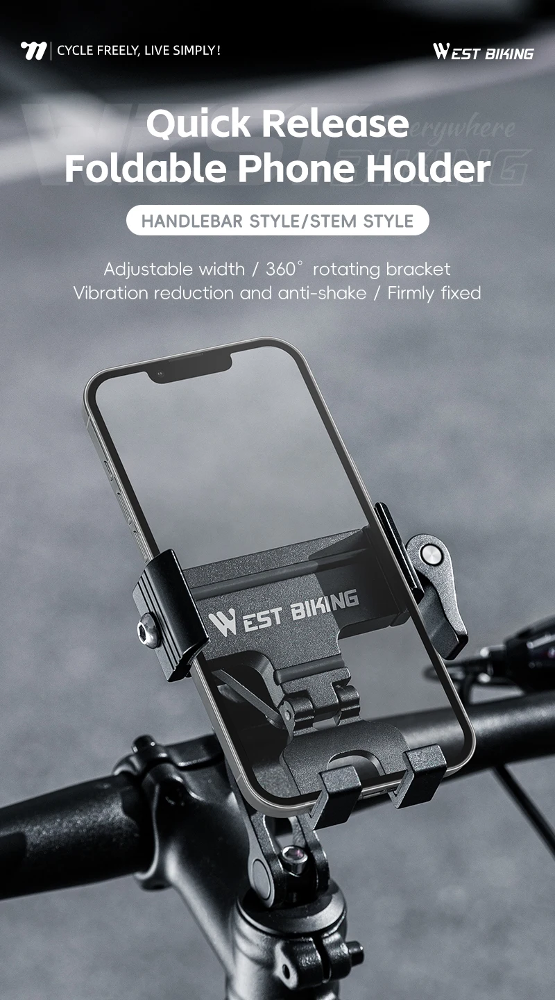 WEST BIKING 360° Rotation Bicycle Phone Holder Aluminum Handlebar Bike Phone Mount Adjustable Non-Slip For 65-90MM Phone Bracket