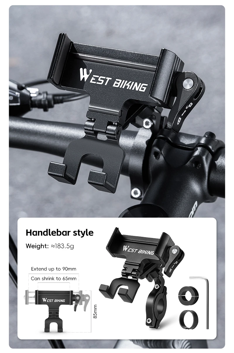 WEST BIKING 360° Rotation Bicycle Phone Holder Aluminum Handlebar Bike Phone Mount Adjustable Non-Slip For 65-90MM Phone Bracket