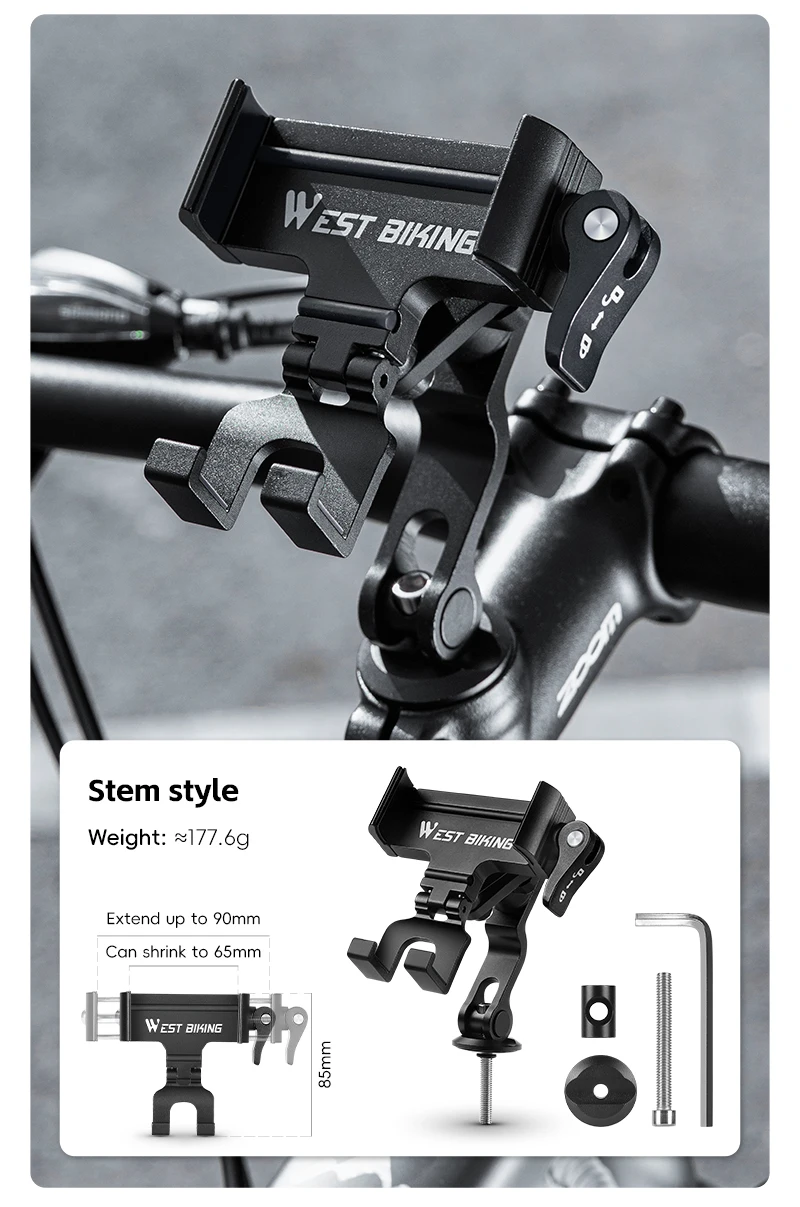 WEST BIKING 360° Rotation Bicycle Phone Holder Aluminum Handlebar Bike Phone Mount Adjustable Non-Slip For 65-90MM Phone Bracket