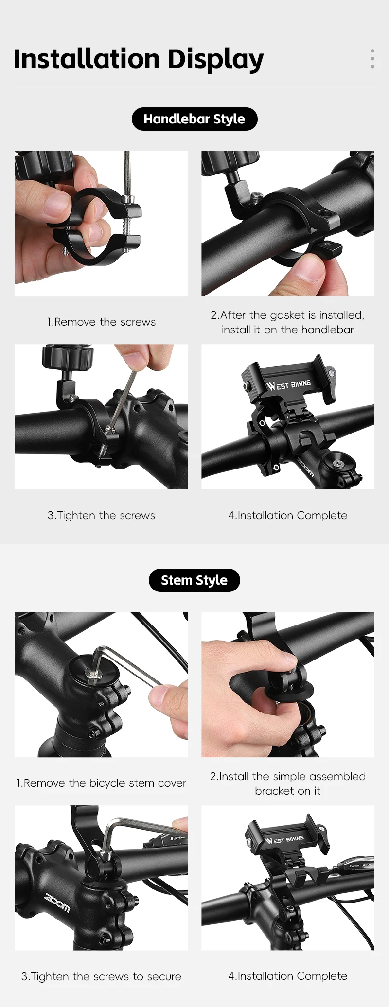 WEST BIKING 360° Rotation Bicycle Phone Holder Aluminum Handlebar Bike Phone Mount Adjustable Non-Slip For 65-90MM Phone Bracket