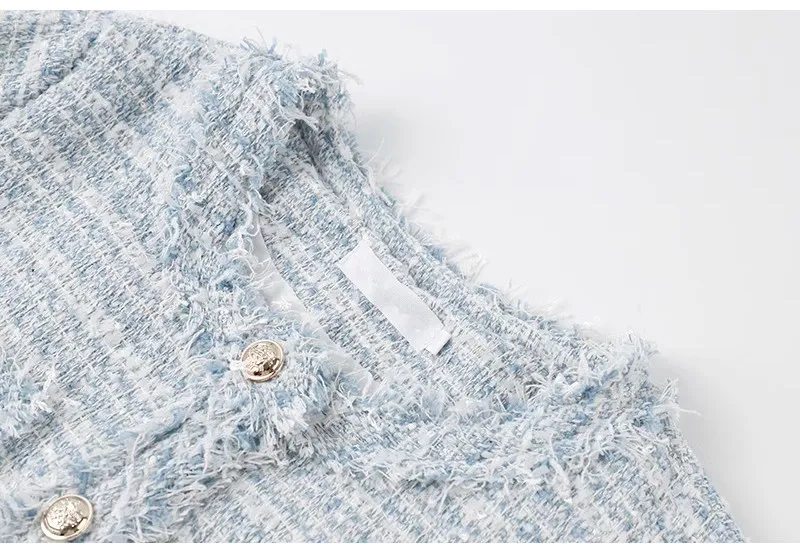 French White Tweed Crop Jacket for Women 2026 Autumn Elegant Slimming Decor Button Coat Woman Round Neck Long Sleeve Outerwear