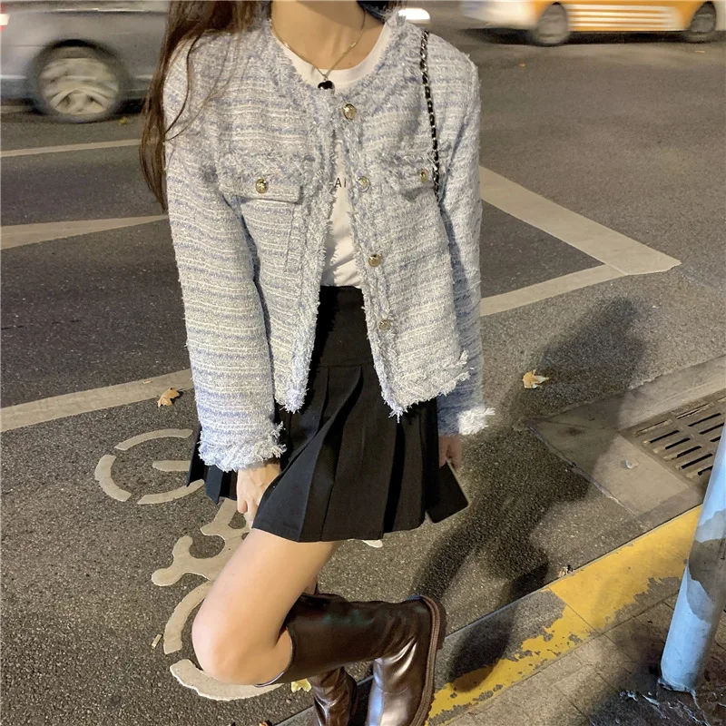 French White Tweed Crop Jacket for Women 2026 Autumn Elegant Slimming Decor Button Coat Woman Round Neck Long Sleeve Outerwear