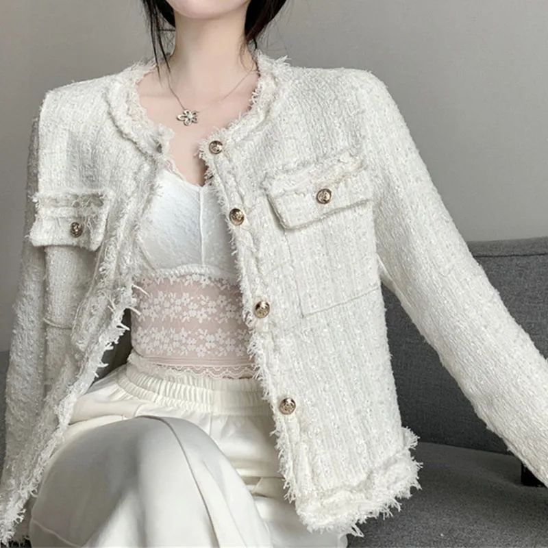 French White Tweed Crop Jacket for Women 2026 Autumn Elegant Slimming Decor Button Coat Woman Round Neck Long Sleeve Outerwear