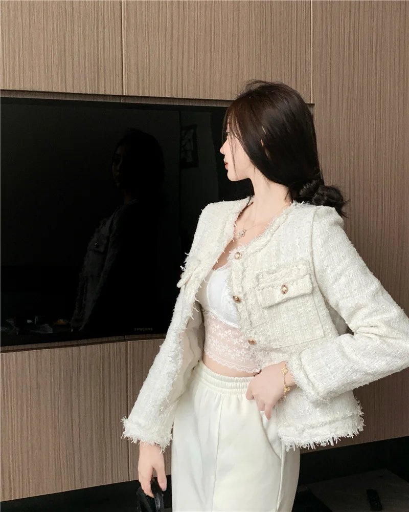 French White Tweed Crop Jacket for Women 2026 Autumn Elegant Slimming Decor Button Coat Woman Round Neck Long Sleeve Outerwear