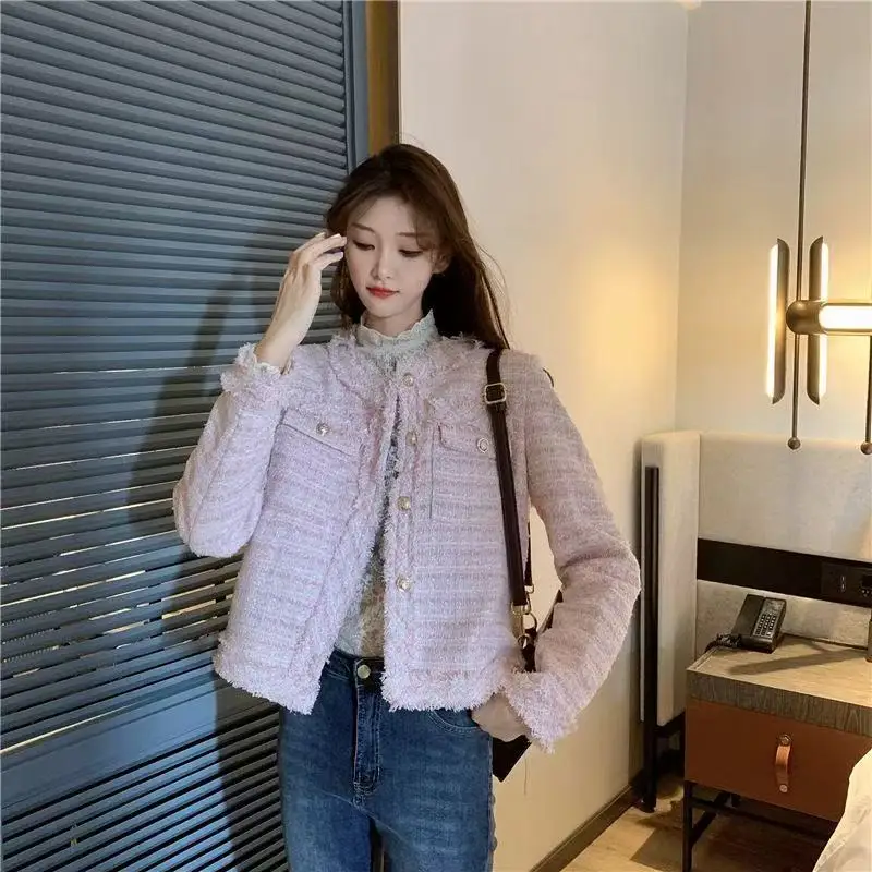 French White Tweed Crop Jacket for Women 2026 Autumn Elegant Slimming Decor Button Coat Woman Round Neck Long Sleeve Outerwear
