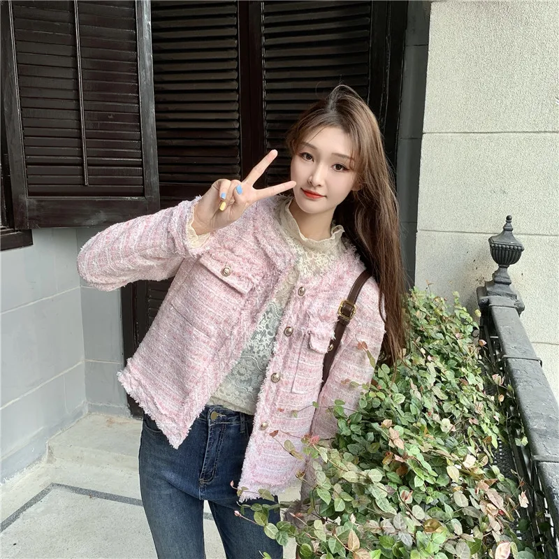 French White Tweed Crop Jacket for Women 2026 Autumn Elegant Slimming Decor Button Coat Woman Round Neck Long Sleeve Outerwear