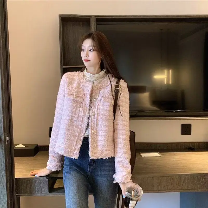 French White Tweed Crop Jacket for Women 2026 Autumn Elegant Slimming Decor Button Coat Woman Round Neck Long Sleeve Outerwear