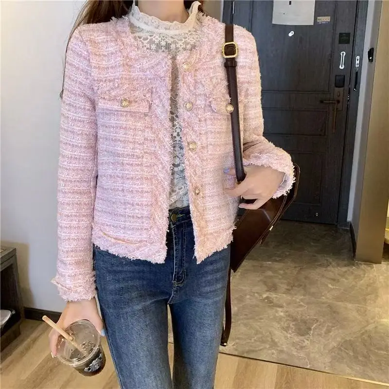 French White Tweed Crop Jacket for Women 2026 Autumn Elegant Slimming Decor Button Coat Woman Round Neck Long Sleeve Outerwear