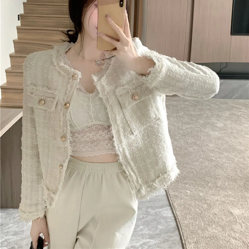 French White Tweed Crop Jacket for Women 2026 Autumn Elegant Slimming Decor Button Coat Woman Round Neck Long Sleeve Outerwear