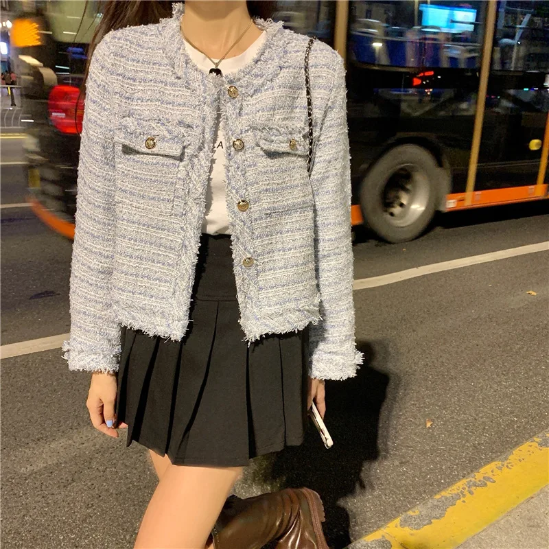 French White Tweed Crop Jacket for Women 2026 Autumn Elegant Slimming Decor Button Coat Woman Round Neck Long Sleeve Outerwear