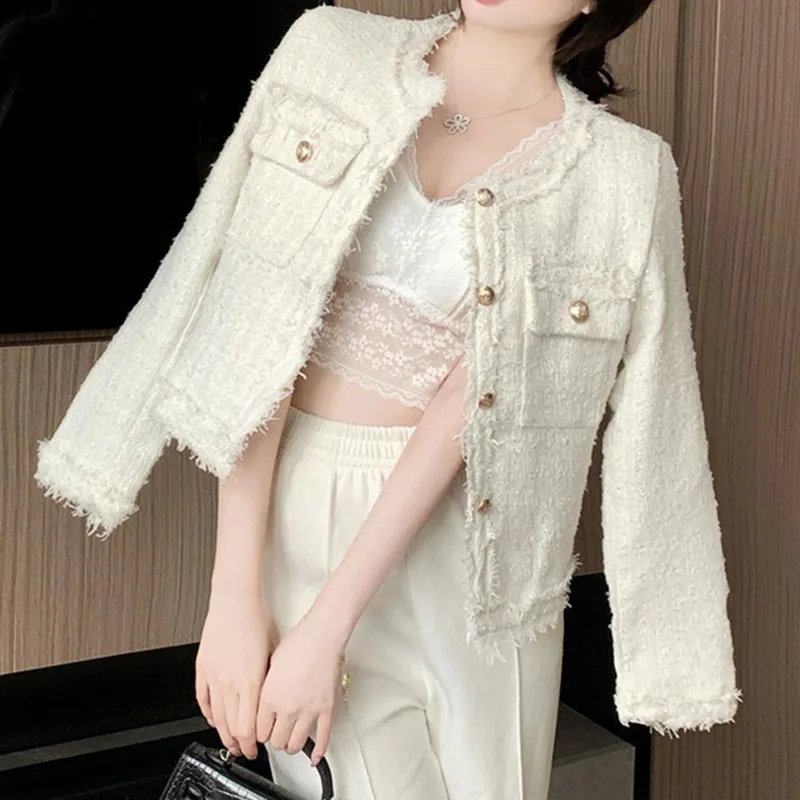 French White Tweed Crop Jacket for Women 2026 Autumn Elegant Slimming Decor Button Coat Woman Round Neck Long Sleeve Outerwear