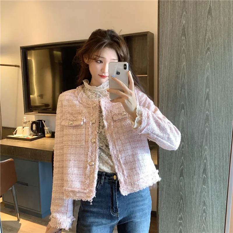 French White Tweed Crop Jacket for Women 2026 Autumn Elegant Slimming Decor Button Coat Woman Round Neck Long Sleeve Outerwear