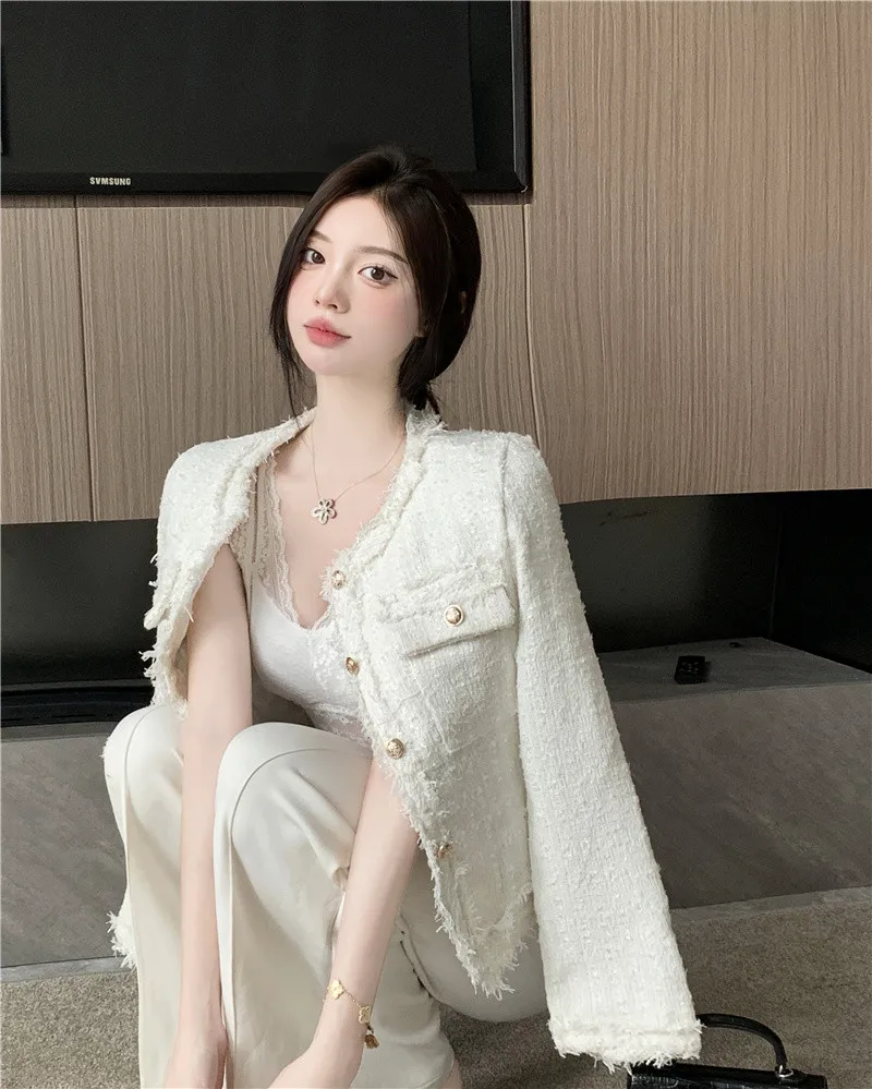 French White Tweed Crop Jacket for Women 2026 Autumn Elegant Slimming Decor Button Coat Woman Round Neck Long Sleeve Outerwear