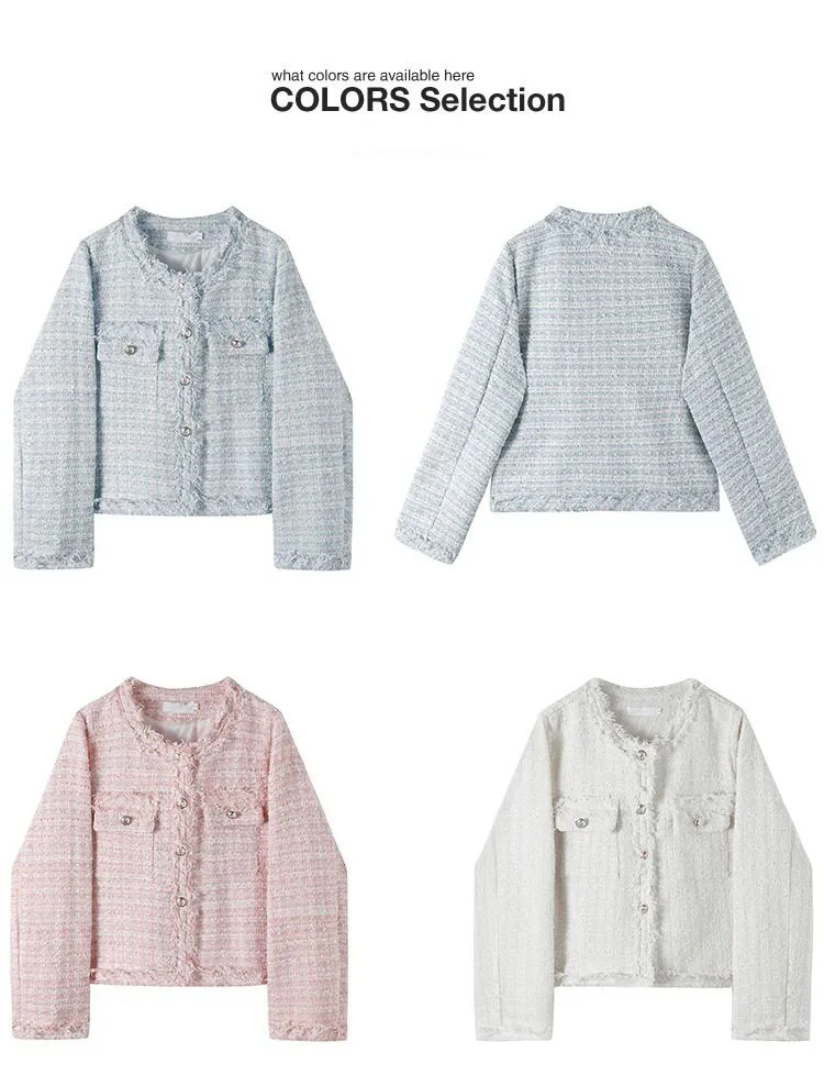 French White Tweed Crop Jacket for Women 2026 Autumn Elegant Slimming Decor Button Coat Woman Round Neck Long Sleeve Outerwear