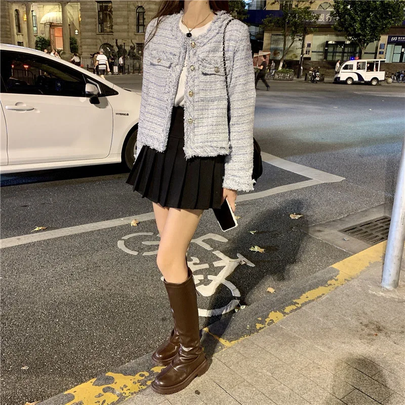 French White Tweed Crop Jacket for Women 2026 Autumn Elegant Slimming Decor Button Coat Woman Round Neck Long Sleeve Outerwear