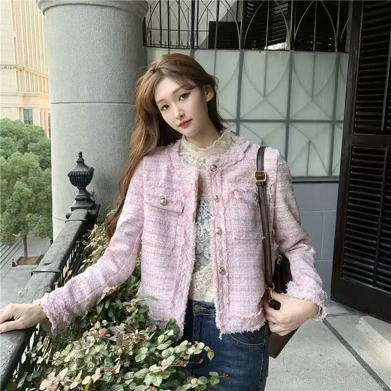 French White Tweed Crop Jacket for Women 2026 Autumn Elegant Slimming Decor Button Coat Woman Round Neck Long Sleeve Outerwear