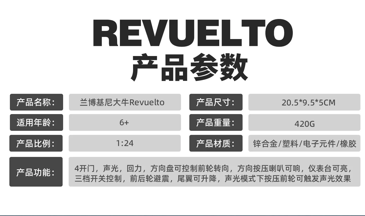 1:24 Lamborghini Revuelto Supercar Alloy Car Model Sound and Light Pull Back Car Model Collectibles Birthday Gift