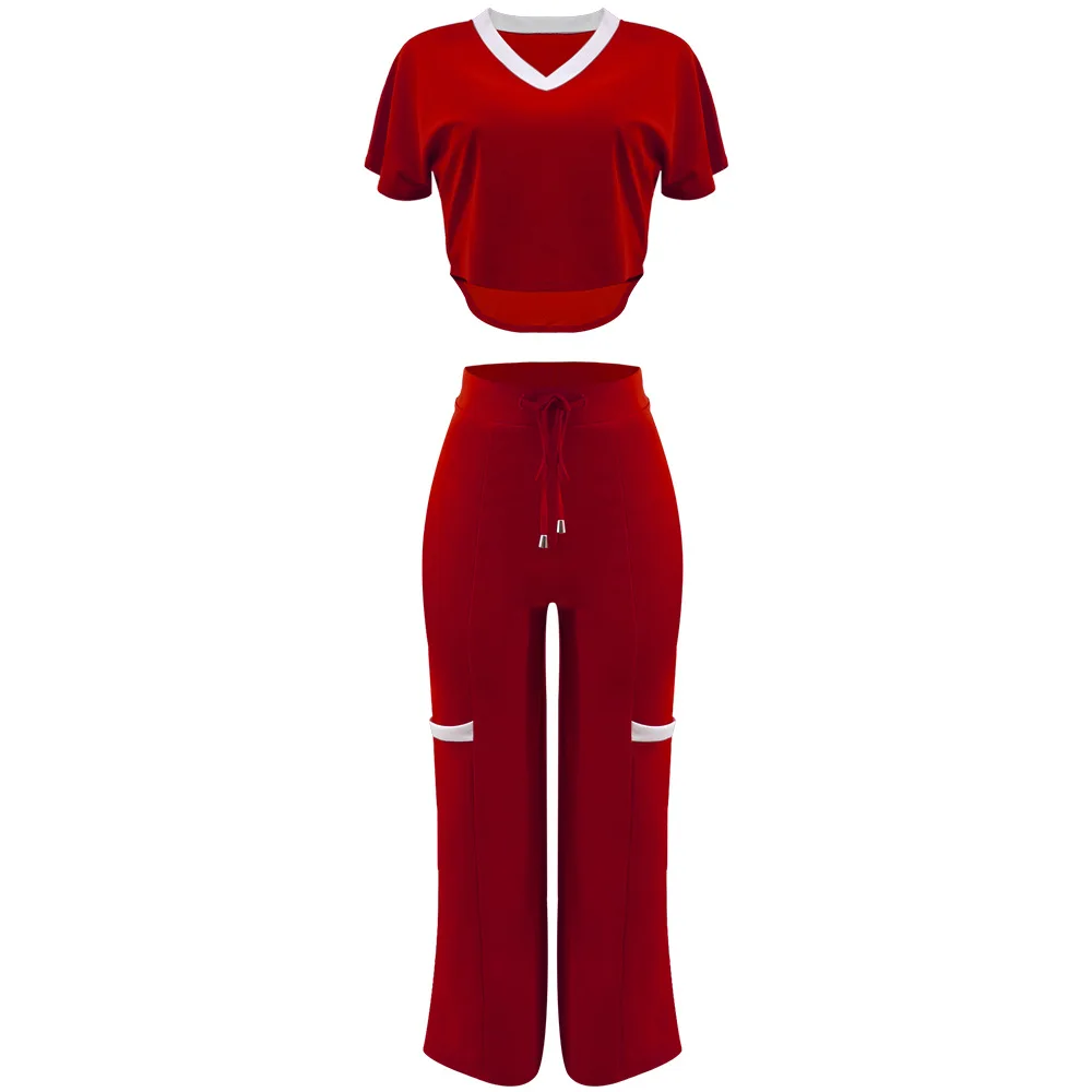 Elegant Women's Casual Short Sleeve T-shirt Sports Suit Summer Fashion Solid V Neck Short Top & Straight Pants Two Piece Sets