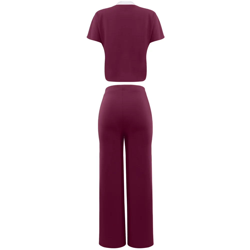 Elegant Women's Casual Short Sleeve T-shirt Sports Suit Summer Fashion Solid V Neck Short Top & Straight Pants Two Piece Sets