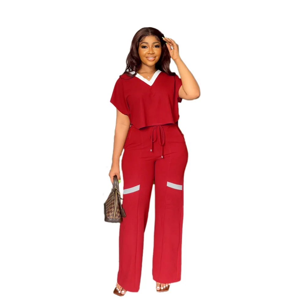 Elegant Women's Casual Short Sleeve T-shirt Sports Suit Summer Fashion Solid V Neck Short Top & Straight Pants Two Piece Sets