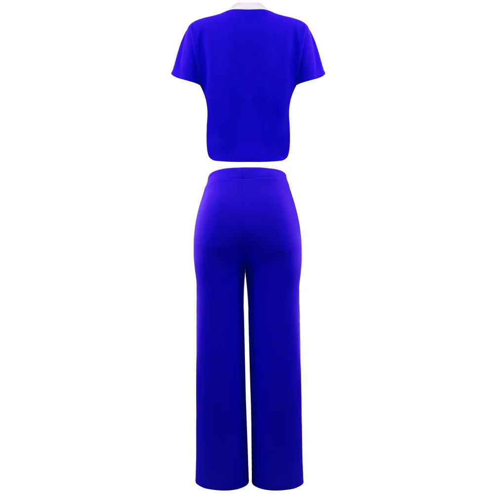 Elegant Women's Casual Short Sleeve T-shirt Sports Suit Summer Fashion Solid V Neck Short Top & Straight Pants Two Piece Sets