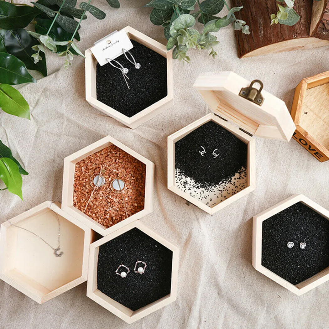 Wooden Storage Box Hexagonal Shaped Wood Jewelry Organizer Container Case Wedding Gifts Favors Box Holder For Home Storage