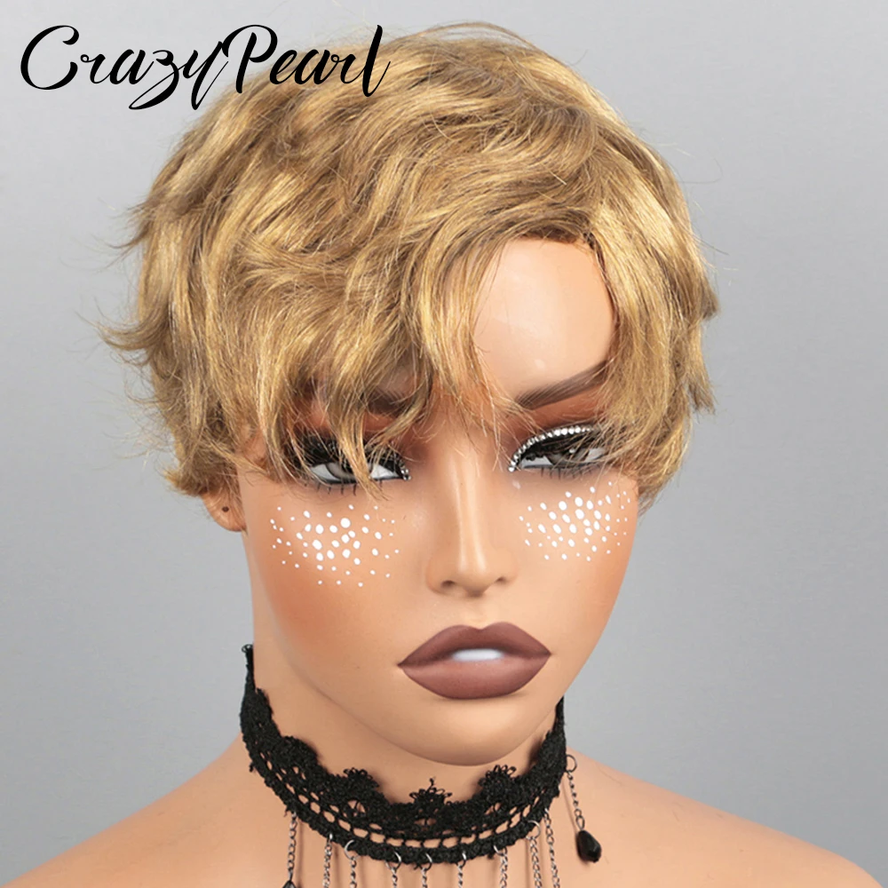 CrazyPearl Colored Light Brown Pixie Cut Wigs Human Hair 100% Short Wigs Human Hair Full Machine Wigs Glueless Wigs Human Hair
