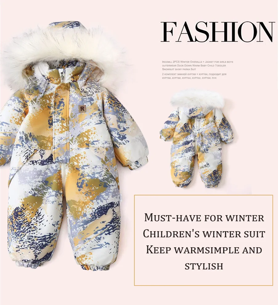 Ircomll Winter Kid's Hooded Romper Lightweight Baby Girls Boys Snowsuit Ski Fur Lining Windproof Jumpsuit Children's Outwear
