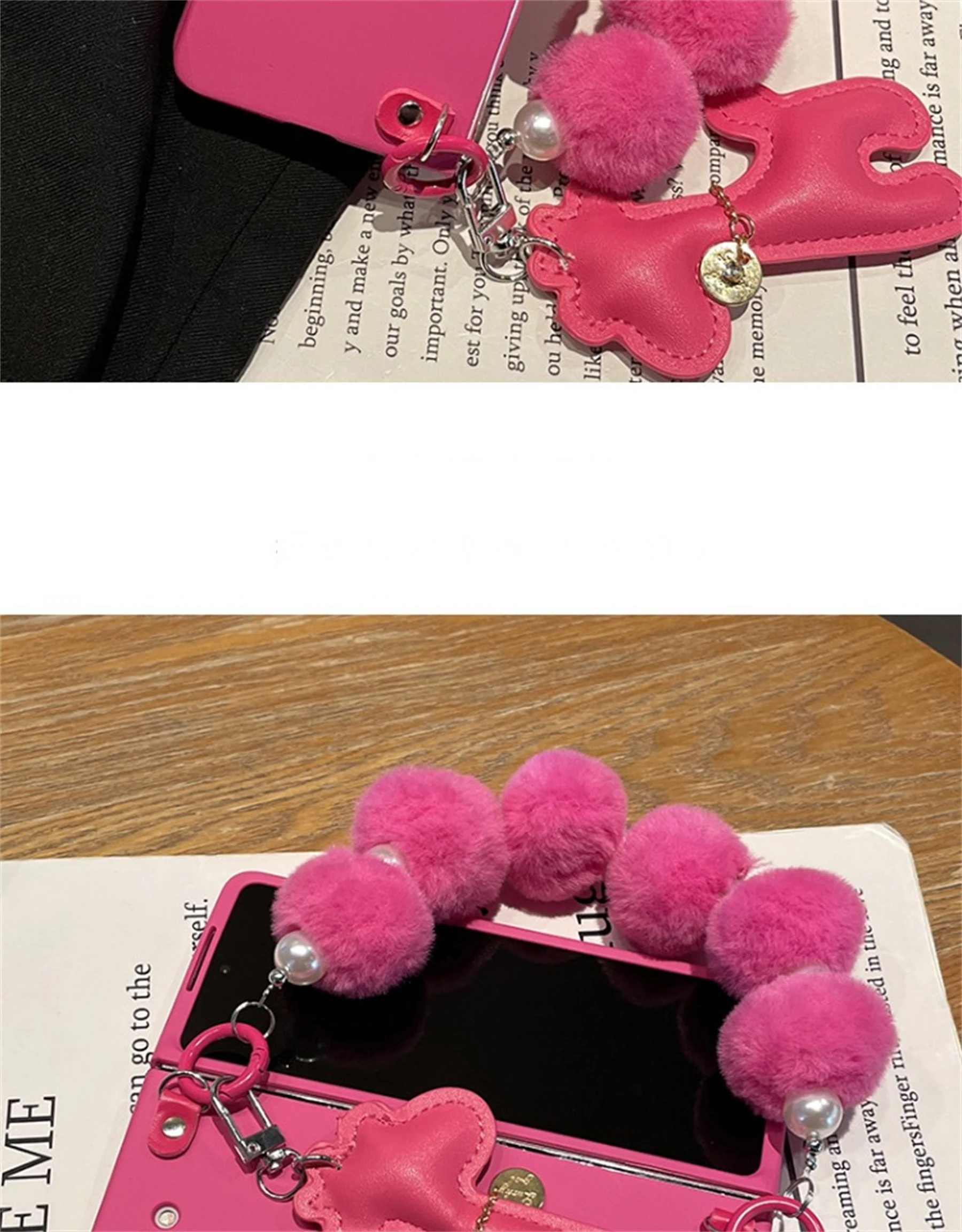 Luxury Korean Giraffe Pendant Case with Hairball Plush Ball Pearl Chain for Galaxy Z Fold 5 Z Fold8 Ultra Fold7 Zfold6 Cover