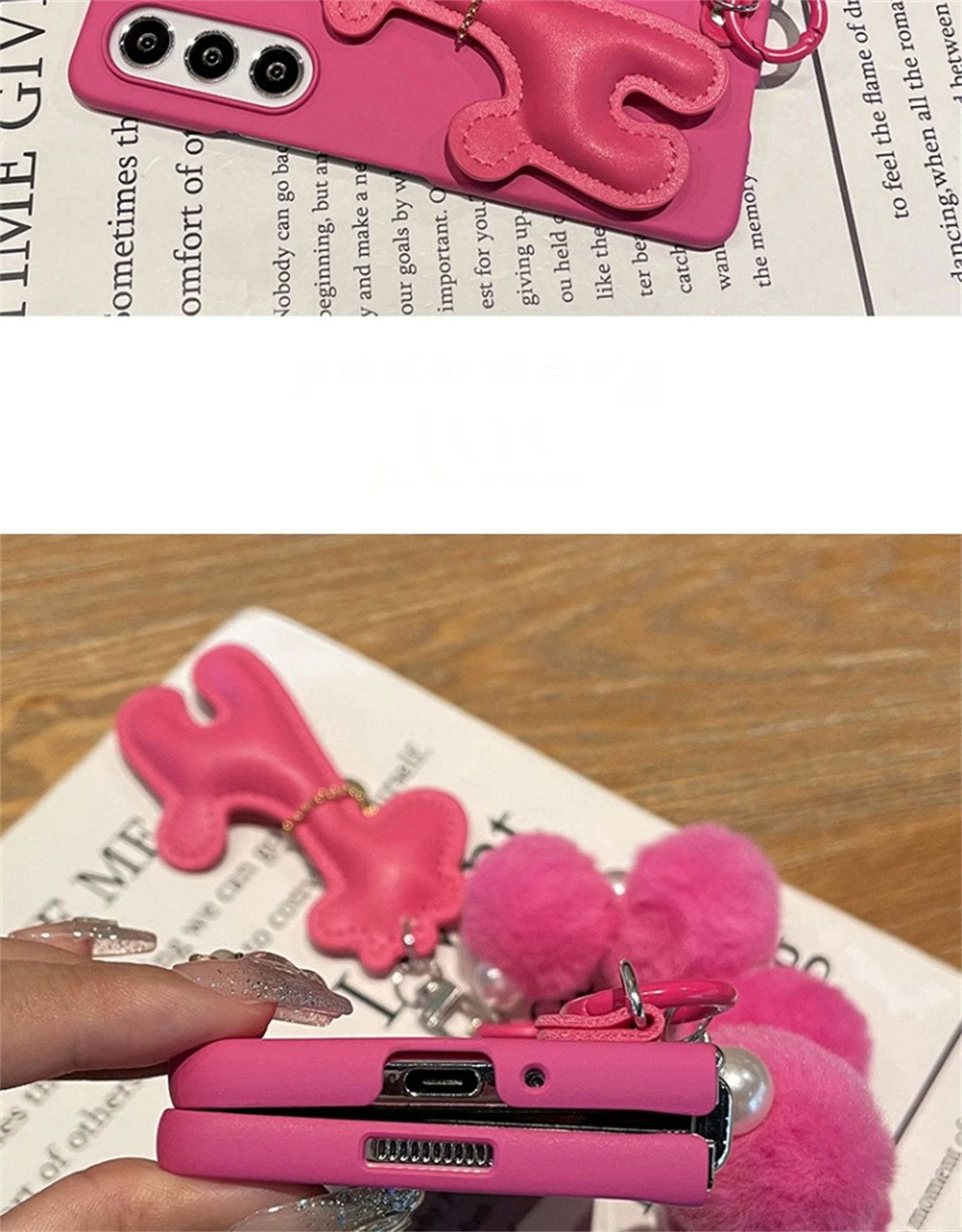 Luxury Korean Giraffe Pendant Case with Hairball Plush Ball Pearl Chain for Galaxy Z Fold 5 Z Fold8 Ultra Fold7 Zfold6 Cover