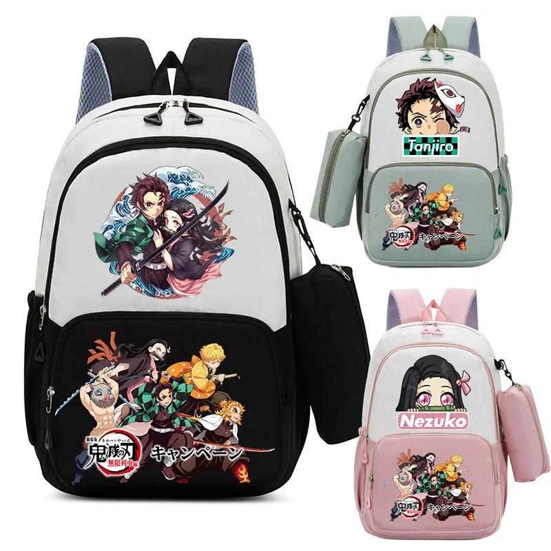 2pcs Demon Slayers Backpack Pencil Case for Boy Girl Kamado Tanjirou Teenager BookBags Rucksack Travel Backpack Mochila Escolar