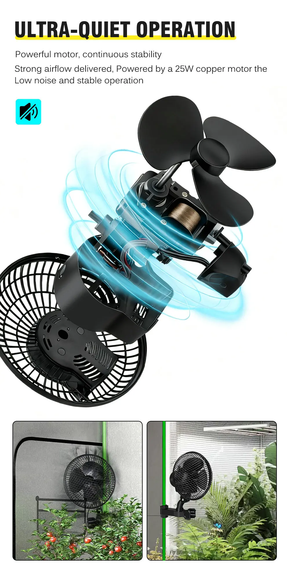 Plant Tent Cooling Clip-On Fan 25W Two-Speed Adjustable Shaking Head Suitable for Tents Household Cooling Fan