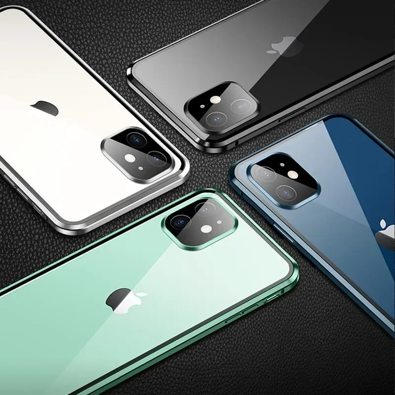 Metal Magnetic Double-Sided Buckle Glass Case For iPhone 16 15 14 13 12 Pro Max Plus 360° Full Cover Protection Shockproof Cover