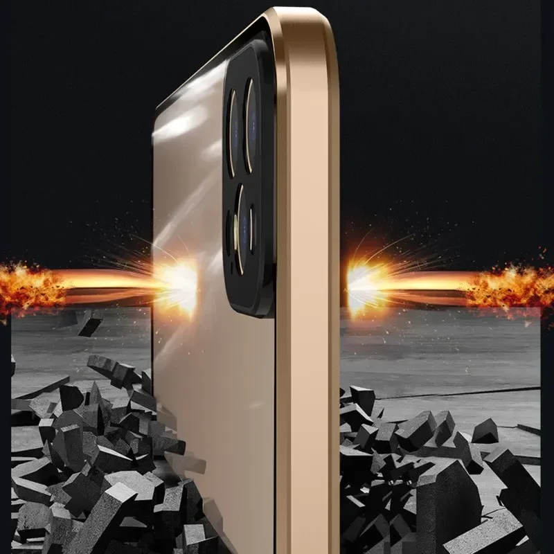 Metal Magnetic Double-Sided Buckle Glass Case For iPhone 16 15 14 13 12 Pro Max Plus 360° Full Cover Protection Shockproof Cover