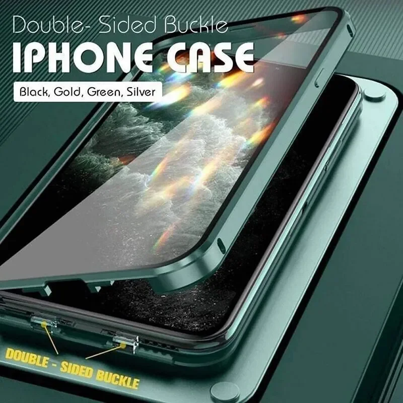 Metal Magnetic Double-Sided Buckle Glass Case For iPhone 16 15 14 13 12 Pro Max Plus 360° Full Cover Protection Shockproof Cover