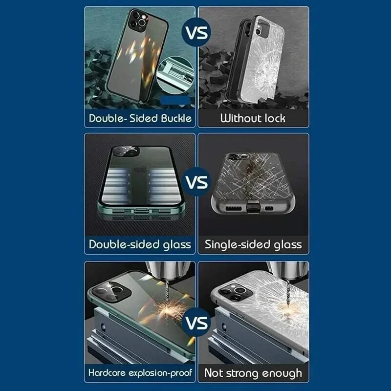 Metal Magnetic Double-Sided Buckle Glass Case For iPhone 16 15 14 13 12 Pro Max Plus 360° Full Cover Protection Shockproof Cover