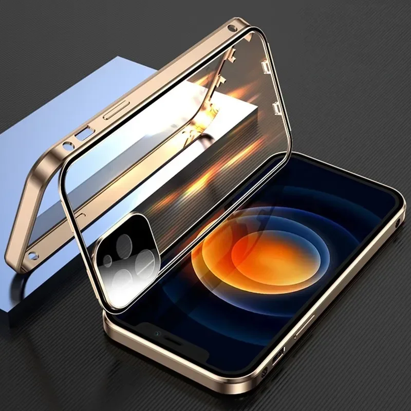 Metal Magnetic Double-Sided Buckle Glass Case For iPhone 16 15 14 13 12 Pro Max Plus 360° Full Cover Protection Shockproof Cover