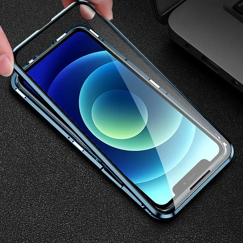 Metal Magnetic Double-Sided Buckle Glass Case For iPhone 16 15 14 13 12 Pro Max Plus 360° Full Cover Protection Shockproof Cover