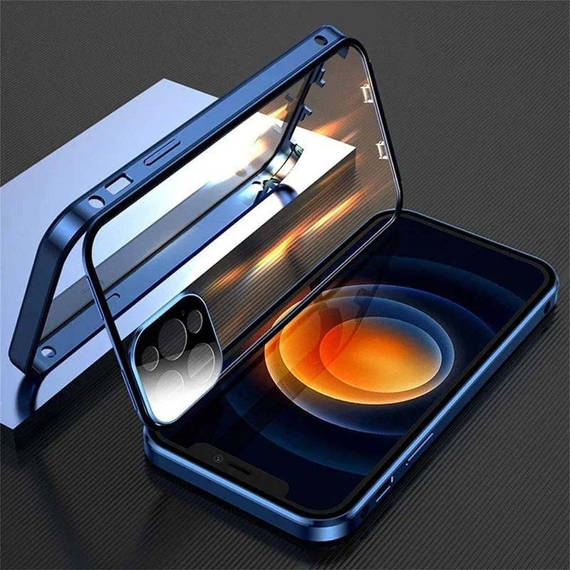 Metal Magnetic Double-Sided Buckle Glass Case For iPhone 16 15 14 13 12 Pro Max Plus 360° Full Cover Protection Shockproof Cover