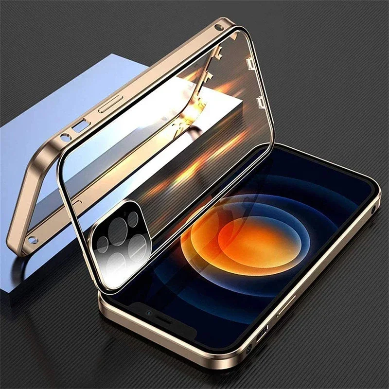 Metal Magnetic Double-Sided Buckle Glass Case For iPhone 16 15 14 13 12 Pro Max Plus 360° Full Cover Protection Shockproof Cover