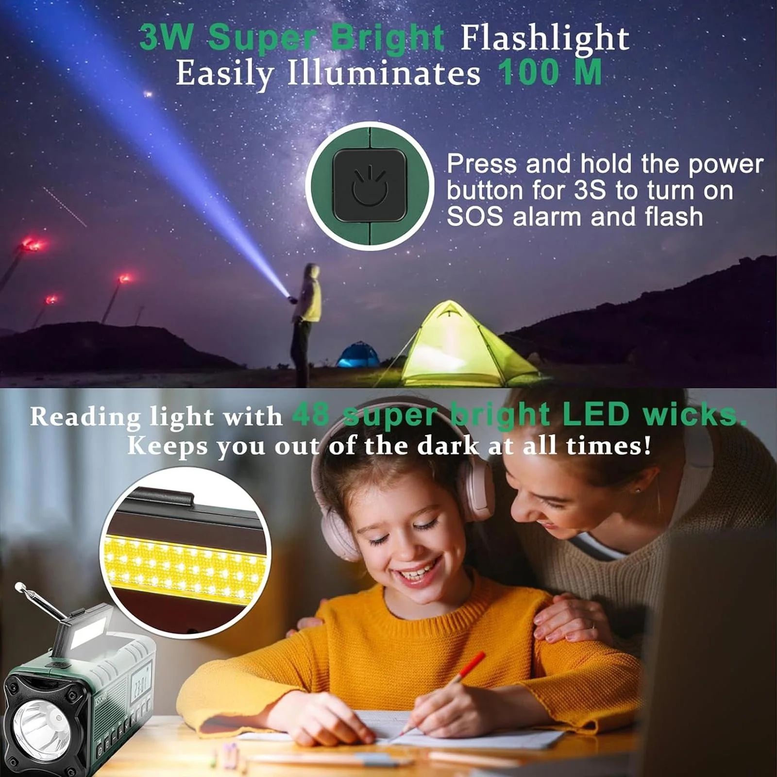10000mAh Hand Crank Solar Emergency Radio with AM/FM/WB NOAA Weather Alert Type-C Charging LCD Clock, LED Flashlight & SOS Alarm