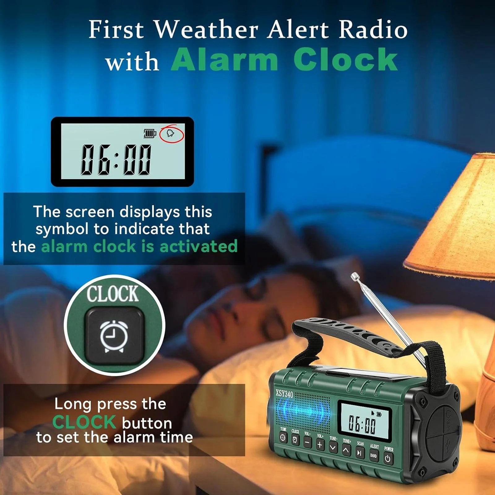 10000mAh Hand Crank Solar Emergency Radio with AM/FM/WB NOAA Weather Alert Type-C Charging LCD Clock, LED Flashlight & SOS Alarm