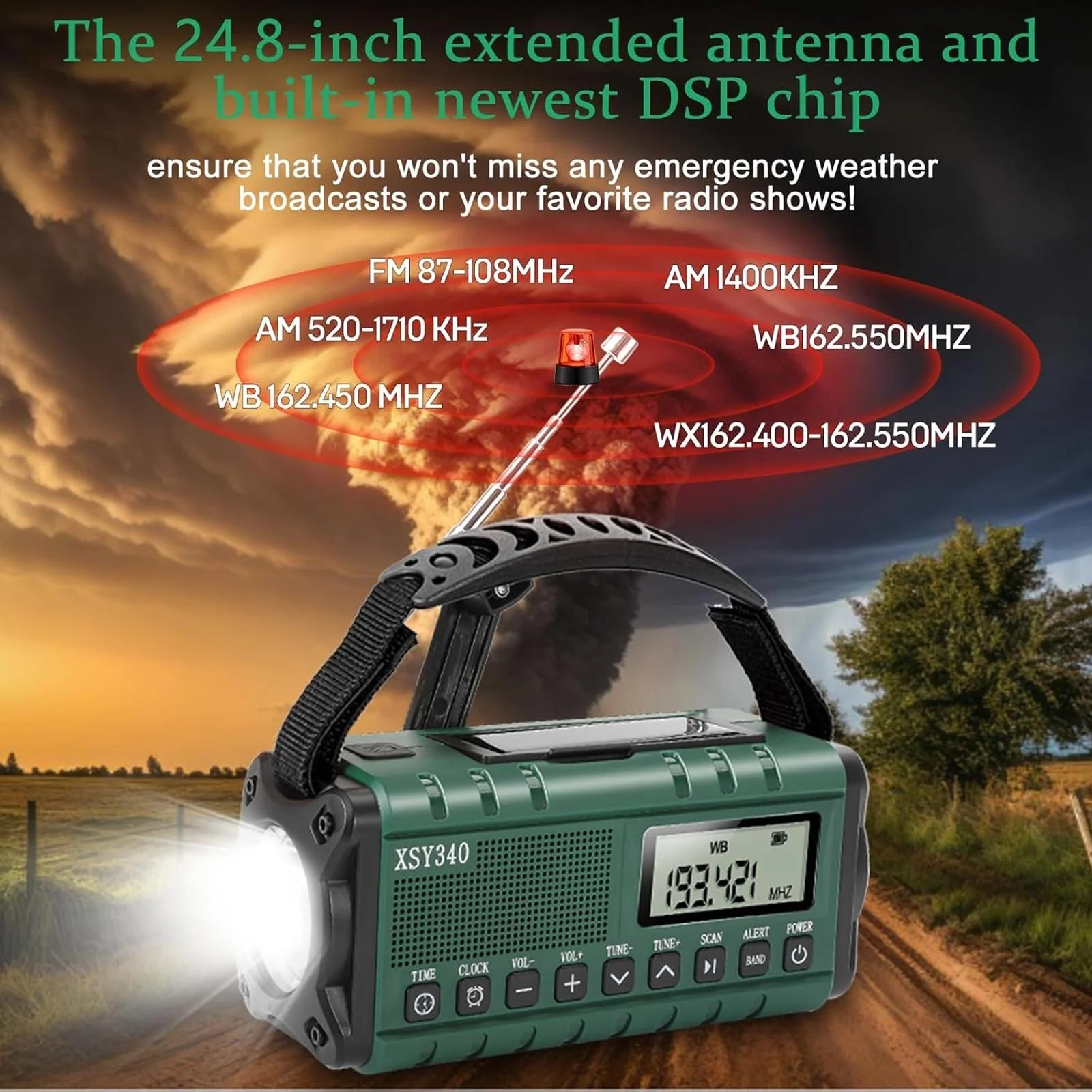 10000mAh Hand Crank Solar Emergency Radio with AM/FM/WB NOAA Weather Alert Type-C Charging LCD Clock, LED Flashlight & SOS Alarm