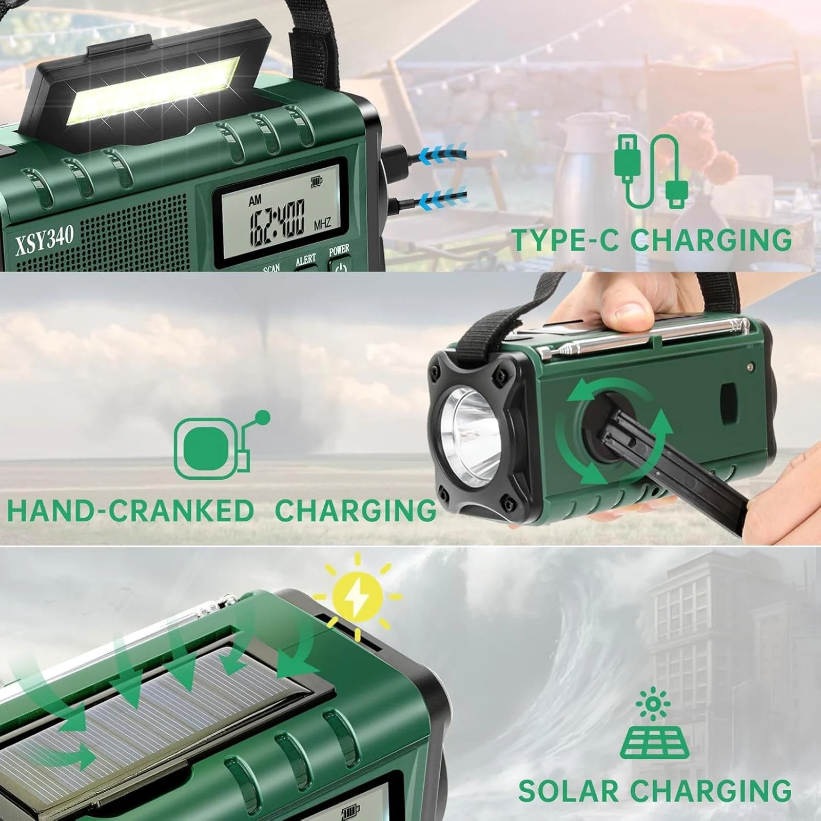 10000mAh Hand Crank Solar Emergency Radio with AM/FM/WB NOAA Weather Alert Type-C Charging LCD Clock, LED Flashlight & SOS Alarm
