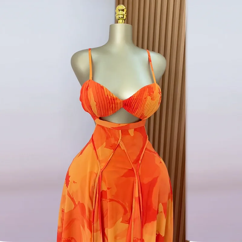 CM.YAYA Women Floral Printed Strap Backless Bra Front Big Swing Maxi Long Dress 2025 Vintage Sexy Club Party Evening Dresses