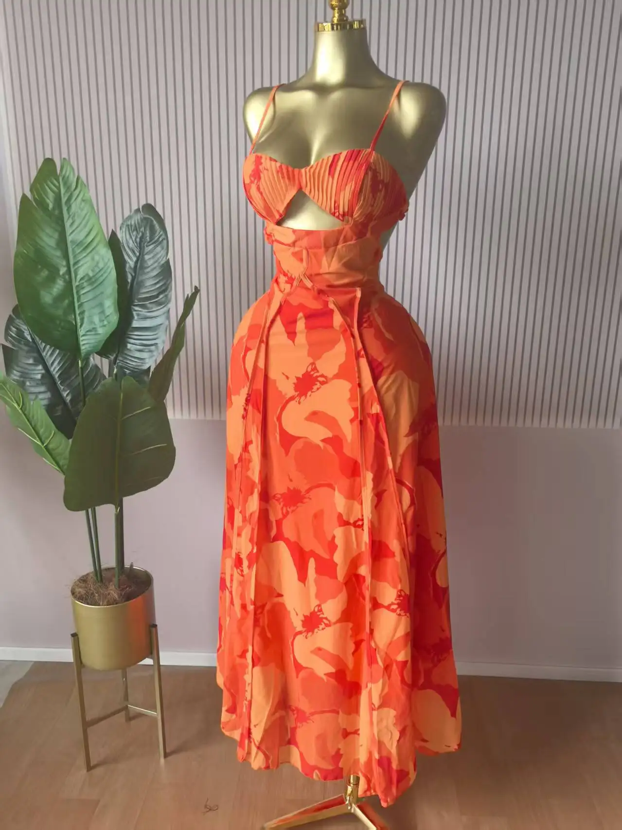 CM.YAYA Women Floral Printed Strap Backless Bra Front Big Swing Maxi Long Dress 2025 Vintage Sexy Club Party Evening Dresses