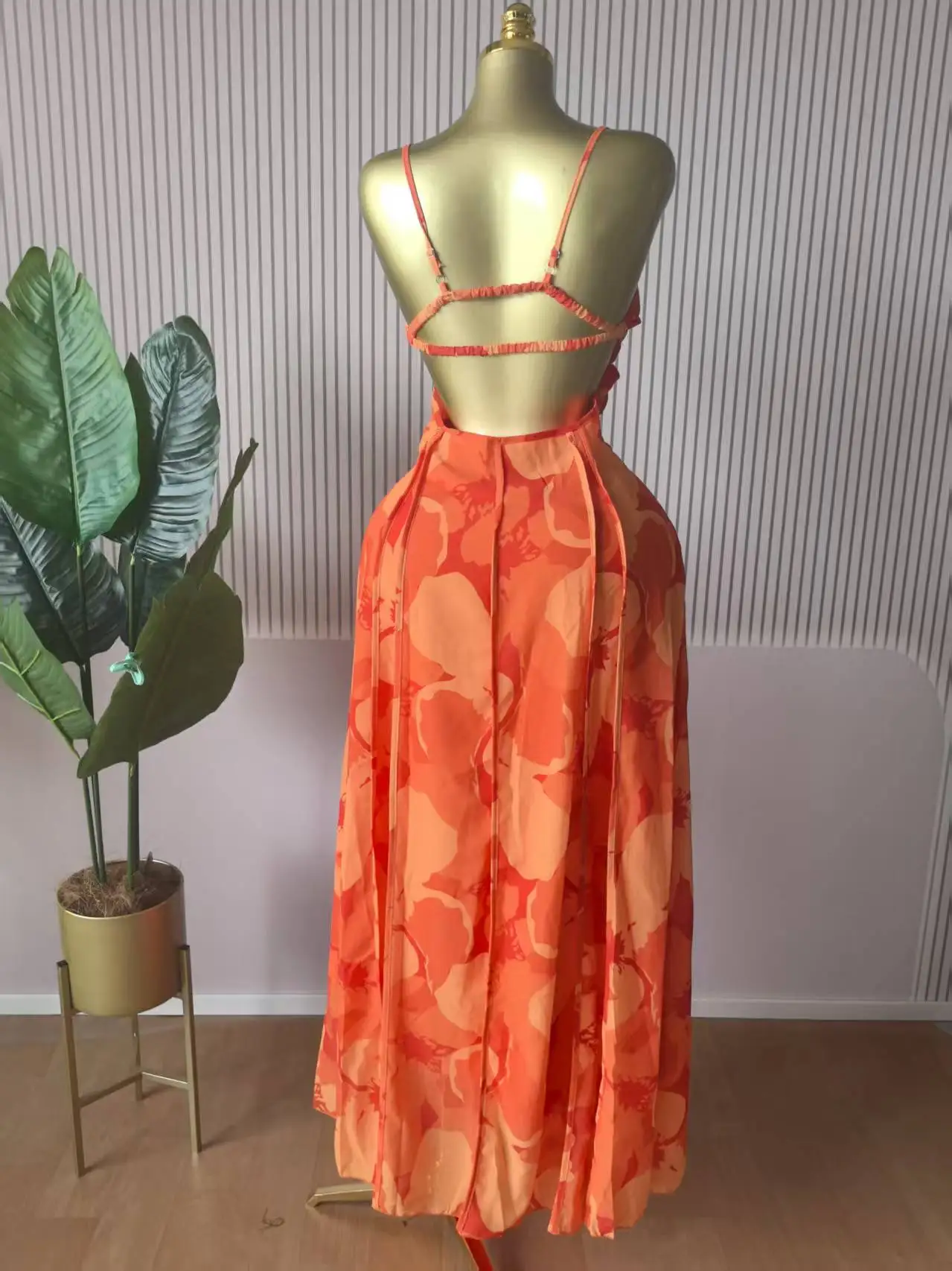 CM.YAYA Women Floral Printed Strap Backless Bra Front Big Swing Maxi Long Dress 2025 Vintage Sexy Club Party Evening Dresses