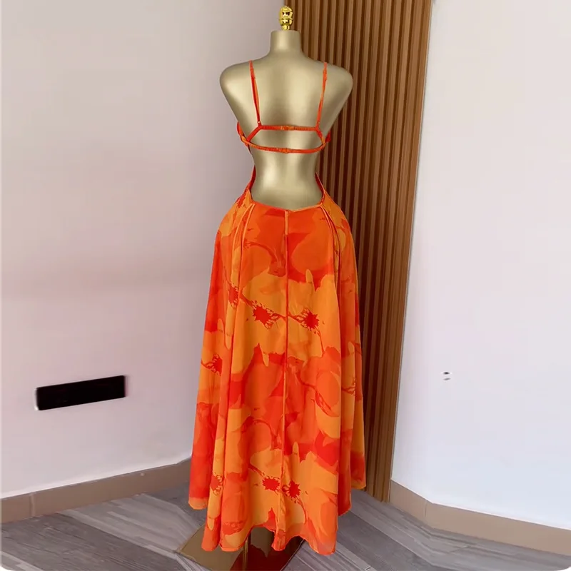 CM.YAYA Women Floral Printed Strap Backless Bra Front Big Swing Maxi Long Dress 2025 Vintage Sexy Club Party Evening Dresses